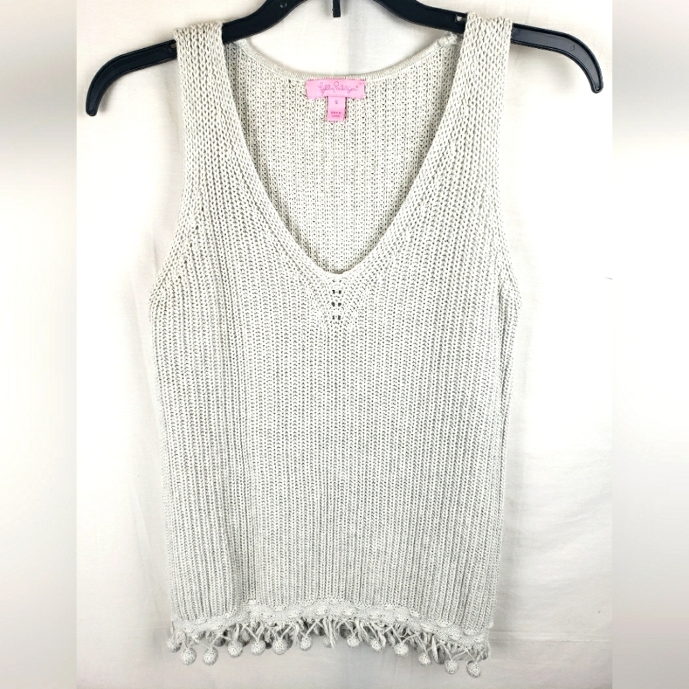 Lilly Pulitzer Gray Jaya Metallic Sleeveless Sweater W/Fringes Sz S